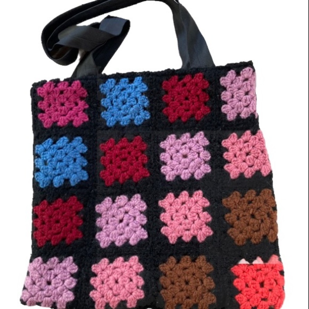 Granny Square Crochet Tote Bag Book Bag Colorful Floral 13 x 13 inches
